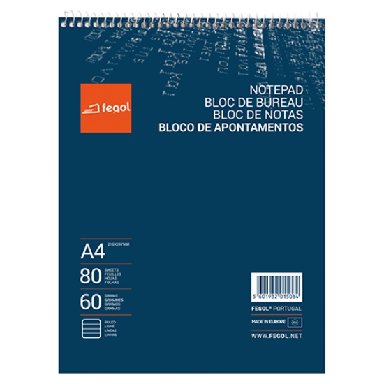 Imagem de BLOCO APONTAMENTOS A4 FEGOL ESPIRAL 80FOLHAS PAUTADO