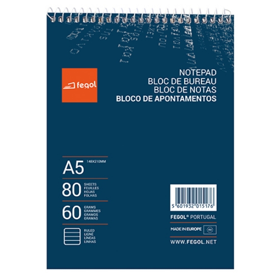 Imagem de BLOCO APONTAMENTOS A5 FEGOL ESPIRAL 80FOLHAS PAUTADO