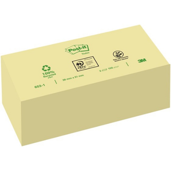 Imagem de PACK 3 BLOCOS NOTAS ADERENTES POST-IT 38X51 653-1 RECICLADO AMARELO (3X100F)