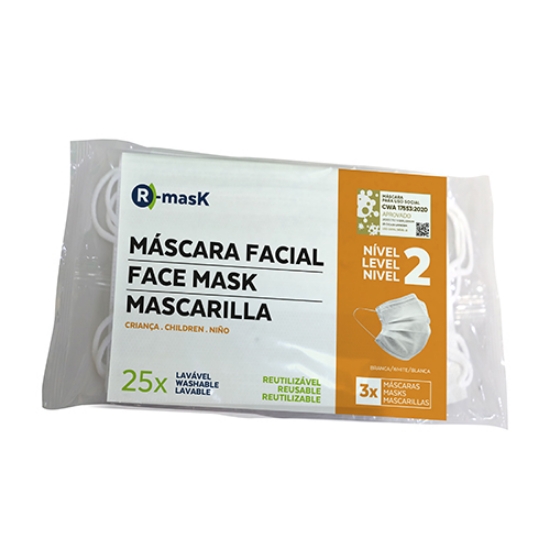 Imagem de PACK 3 MÁSCARAS REUTILIZÁVEIS NÍVEL 2 (25 LAVAGENS) BRANCAS TAMANHO CRIANÇA