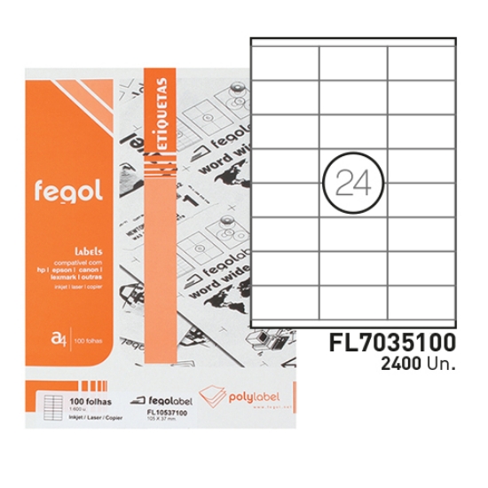Imagem de ETIQEUTAS FEGOLABEL A4 70X35MM BRANCA (CAIXA 100FOLHAS=2400UNI)