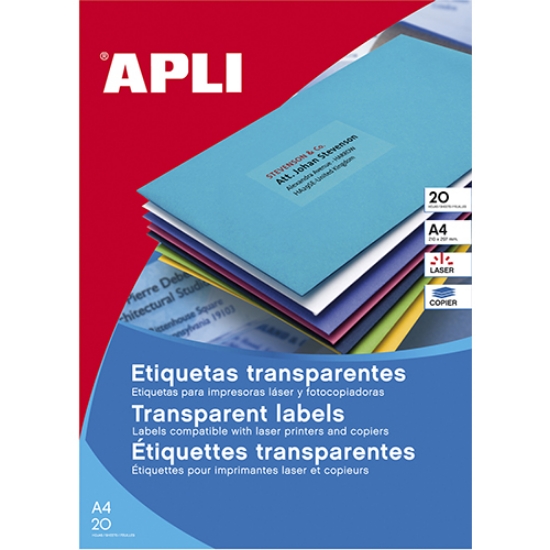 Imagem de ETIQUETAS APLI A4 210X297MM TRANSPARENTE LASER REF.01225 (PACK 20FLS/20ETIQ.)