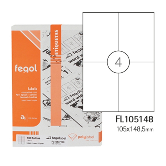 Imagem de ETIQUETAS FEGOLABEL A4 105X148.5MM BRANCA (CAIXA 100FOLHAS=400ETIQ.)