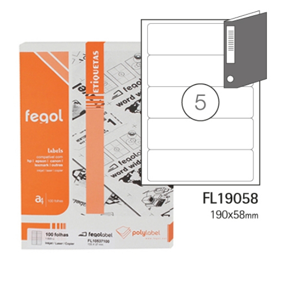 Imagem de ETIQUETAS FEGOLABEL A4 190X58MM BRANCA (CAIXA 100FOLHAS=500ETIQ.)