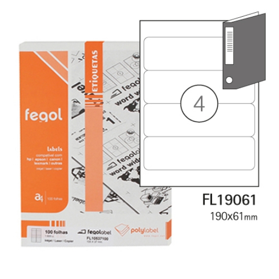 Imagem de ETIQUETAS FEGOLABEL A4 190X61MM BRANCA (CAIXA 100FOLHAS=400UNI)