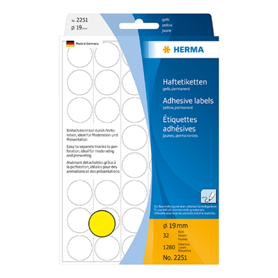 Picture of ETIQUETAS HERMA A5 RED.19MM AMARELO REF.2251 (32FOLHAS=1280UNI)