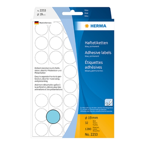 Imagem de ETIQUETAS HERMA A5 REDONDAS 19MM AZUL REF.2253 (32FOLHAS/1280UNI)